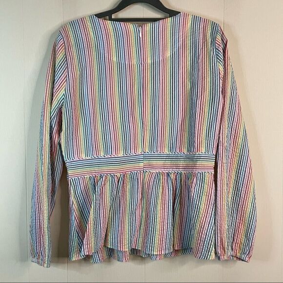 J. Crew V-Neck Rainbow Seersucker Peplum Top - Picture 3 of 4